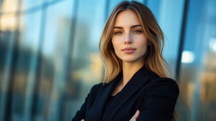 Confident professional woman in a black blazer with crossed arms standing before a reflective glass office facade, composed and assertive posture