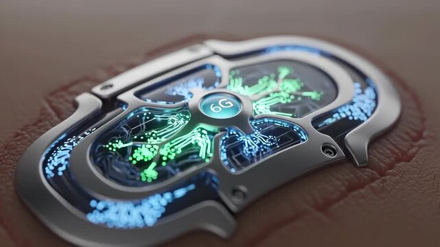Futuristic 6g implant technology sensor skin glowing green blue with circuit like patterns sleek metallic casing microcircuit metallic badge leather