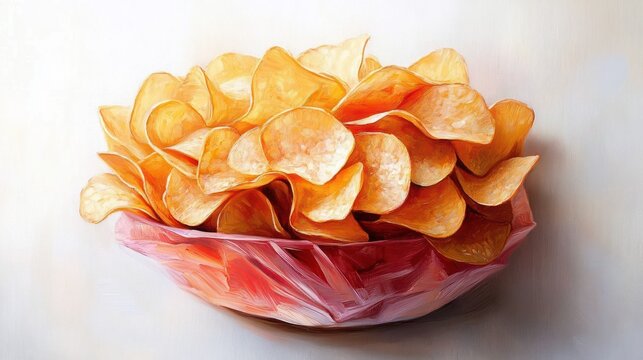 golden potato chips piled high in a red glass bowl on a soft light background, warm and inviting
