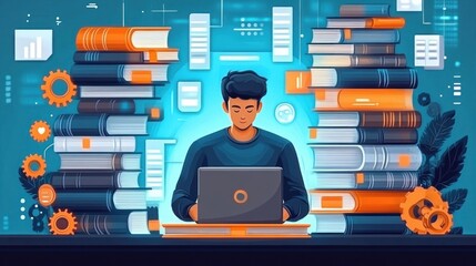 focused person working at a laptop surrounded by towering stacks of books, glowing digital interface panels, orange gears and charts, studying intently at an organized desk