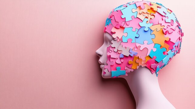 Profile of a mannequin head pieced with colorful jigsaw puzzle pieces on a soft pink background, evoking contemplative serenity