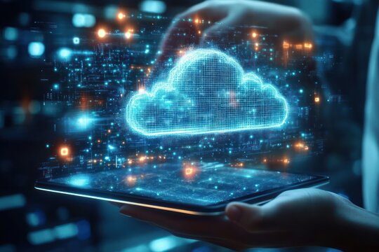 hands holding a tablet projecting a glowing holographic cloud with floating digital data particles in a futuristic, innovative atmosphere