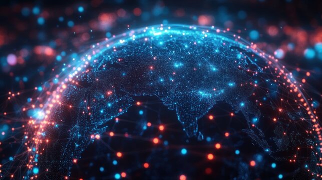 glowing digital globe with blue and red network nodes, interconnected lines and illuminated continent outlines, conveying a futuristic, dynamic sense of global connectivity