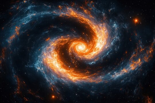 glowing orange and blue spiral galaxy with luminous core and swirling arms, evoking awe and cosmic motion