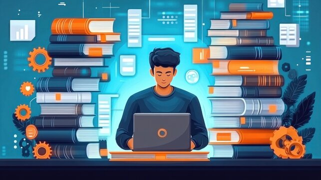 focused person working at a laptop surrounded by towering stacks of books, glowing digital interface panels, orange gears and charts, studying intently at an organized desk