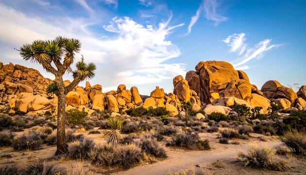 Desert landscape with Joshua tree, rock formations, and cloudy sky