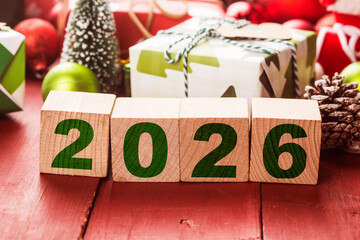 Happy New Year 2026, Christmas 2026, Christmas gifts placed in a festive atmosphere 