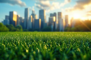 sunlit green grass field with dewy blades in foreground and blurred city skyline at golden hour, peaceful urban park atmosphere