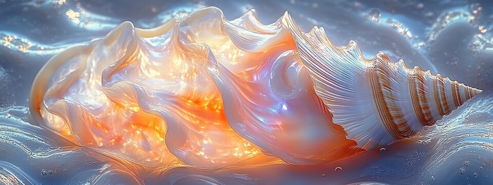 iridescent conch shell with warm inner glow on wet pearlescent surface, soft blue ripples and glistening droplets — serene and mystical