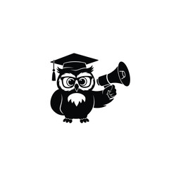 Wise owl graduate wearing glasses holds a megaphone silhouette