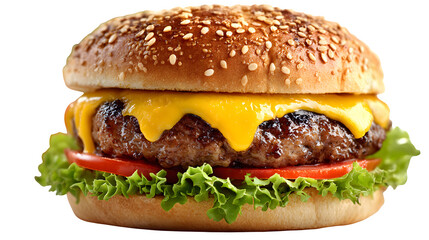 Gourmet cheeseburger with melted cheese, lettuce, tomato, and sesame seed bun, juicy and detailed, isolated on white background 