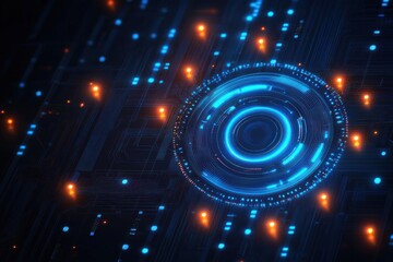 glowing circular digital interface on dark circuit board with blue rings and orange light nodes, sleek futuristic high-tech energy and mystery