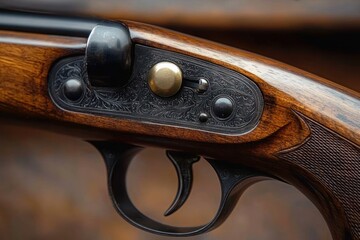 Close-up of a vintage double-trigger side-by-side shotgun receiver with engraved metal plate and polished wooden stock, evoking craftsmanship and timeless elegance