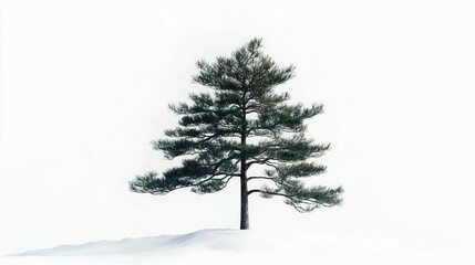 Solitary pine tree on a snow-covered hill under a pale winter sky, evoking quiet solitude and peaceful minimalism