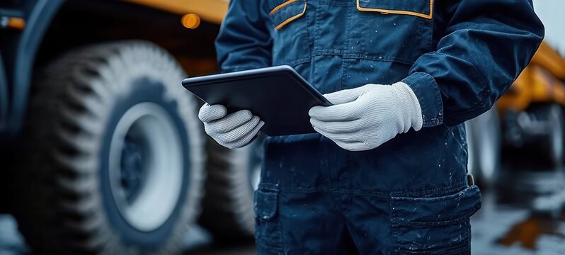 mechanic in blue coveralls wearing white gloves holds a tablet beside a large heavy equipment tire, focused and professional