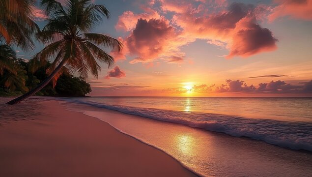 Tranquil tropical beach at sunset with leaning palm trees, soft sand, gentle waves and a golden-pink sky reflecting on the calm ocean