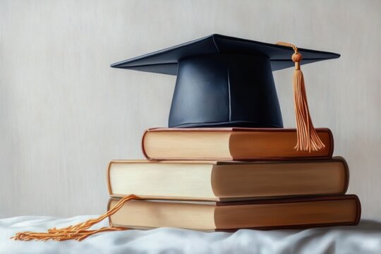 Graduation cap with golden tassel resting on a stack of three hardcover books, soft lighting evoking quiet pride and academic achievement
