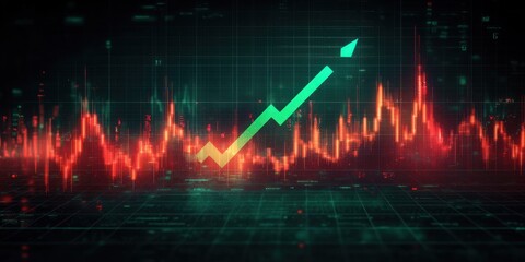 green upward arrow rising over a red glowing market waveform on a dark digital grid conveying bullish momentum and energetic optimism