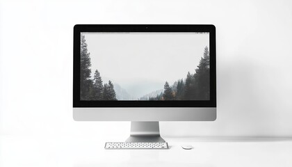Fototapeta premium sleek silver all-in-one desktop computer on a white desk with wireless keyboard and mouse showing a misty pine forest wallpaper, minimal and tranquil workspace