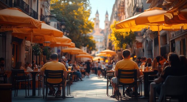 Sunny outdoor street cafe with rows of yellow umbrellas, people dining at tables under warm golden light and distant church towers, relaxed convivial atmosphere