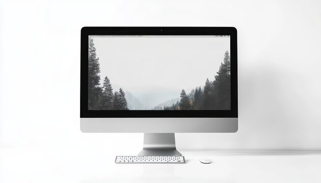 sleek silver all-in-one desktop computer on a white desk with wireless keyboard and mouse showing a misty pine forest wallpaper, minimal and tranquil workspace