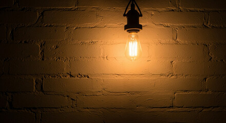 Edison bulb casts warm glow on rustic brick wall creating inviting atmosphere perfect for cozy cafe or vintage design project, bringing a touch of old-world charm and inviting ambiance