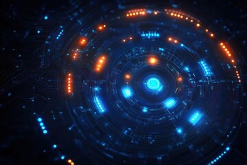glowing circular digital interface with concentric rings, blue and orange lights over circuit patterns conveying futuristic high-tech energy and precision