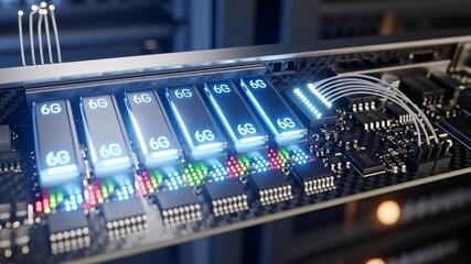 High tech futuristic circuit board with glowing 6g module chips fiber cable connectors powering high speed data center performance and modern network - Powered by Adobe