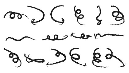 Collection of hand drawn sketchy black arrow icons with various shapes like spiral, curved, and wavy line pointing in different directions