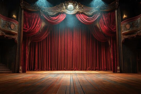 Empty ornate theater stage with heavy red velvet curtains, gilded proscenium arch, wooden floor, side balconies and spotlight beams, evoking dramatic anticipation and elegance