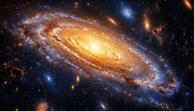 golden glowing spiral galaxy with luminous core, blue star-forming arms, dark dust lanes and scattered distant galaxies, evoking awe and cosmic wonder