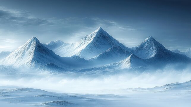 Majestic snow-covered mountain range rising above misty frozen valleys under a tranquil blue winter sky - Powered by Adobe