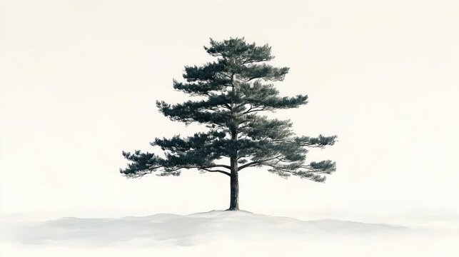 Solitary pine tree standing on a snow-covered hill under a pale misty sky, serene peaceful winter solitude - Powered by Adobe