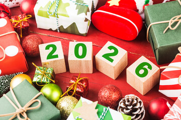 Happy New Year 2026, Christmas 2026, Christmas gifts placed in a festive atmosphere 