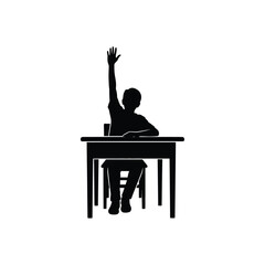 Young student raising hand eagerly at desk silhouette