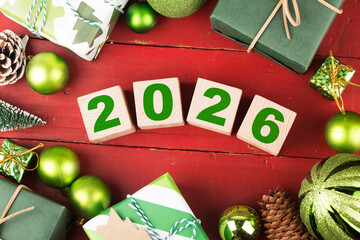 Happy New Year 2026, Christmas 2026, Christmas gifts placed in a festive atmosphere 