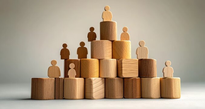 pyramid of stacked wooden blocks with small wooden human figures on each level conveying hierarchy, teamwork and calm organized structure