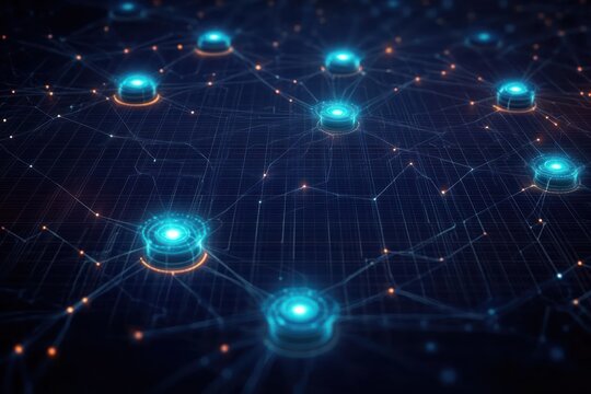 glowing blue circular nodes linked by fine luminous lines across a dark digital grid with small orange points, conveying a futuristic interconnected and dynamic energy