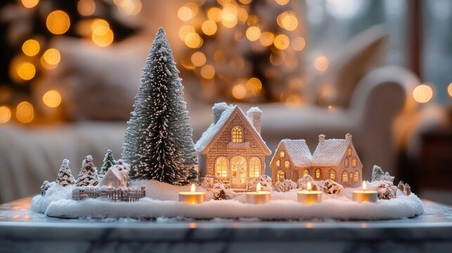 Cozy tabletop snowy miniature village with lit tealight candles, glowing windows, frosted pine tree and soft warm bokeh lights creating a festive atmosphere