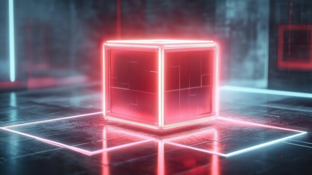 glowing red neon cube with illuminated edges on a reflective tiled floor in a foggy futuristic industrial room, mysterious and surreal atmosphere