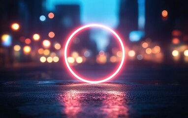 glowing neon pink ring standing on a wet city street with bokeh lights, reflective pavement and blurred buildings, evoking a mysterious futuristic mood
