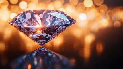 Single faceted diamond resting on a glossy reflective surface amid warm golden bokeh lights, sparkling and radiating glamorous elegant luxury