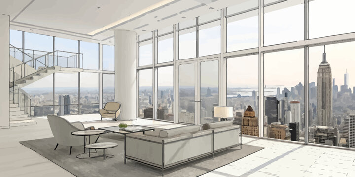 Stunning penthouse apartment interior with breathtaking city views, luxurious and modern living in high-rise with open floor plan and elegant design - Powered by Adobe