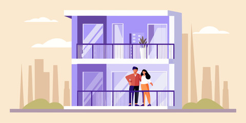 Modern couple enjoying city views from apartment balcony, a fresh start in urban living, vector illustration, perfect for real estate and lifestyle brands