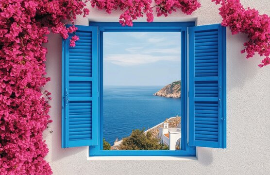 open blue shuttered window framed by vibrant pink bougainvillea revealing serene azure sea, rocky coastline and white coastal houses in a bright idyllic escape