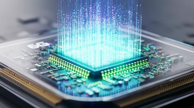 Glowing processor microchip data streams hologram neon technology circuit board emitting futuristic light connectivity and advanced digital innovation