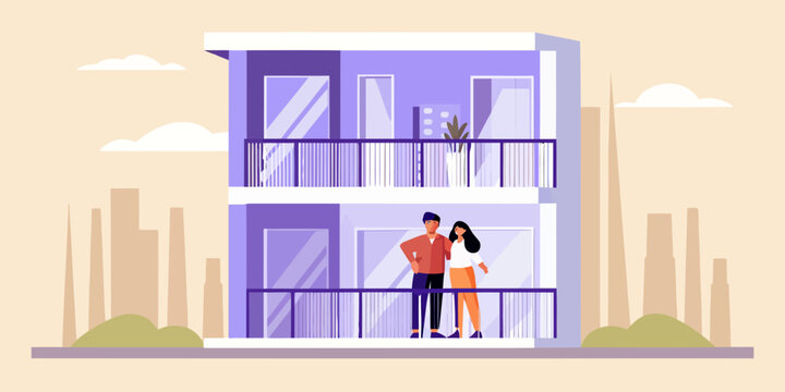 Modern couple enjoying city views from apartment balcony, a fresh start in urban living, vector illustration, perfect for real estate and lifestyle brands