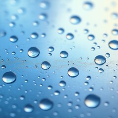 Close-up of water droplets on glass over soft blue bokeh background, reflective round beads scattered across the surface evoking a calm tranquil mood