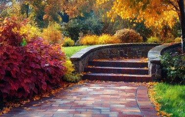 Curved brick pathway and stone steps in a colorful autumn garden with red and golden foliage, fallen leaves and a tranquil, inviting atmosphere