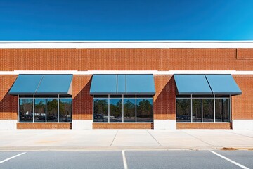Quiet red brick storefront with three blue awnings, reflective glass windows and empty parking lot under a clear blue sky